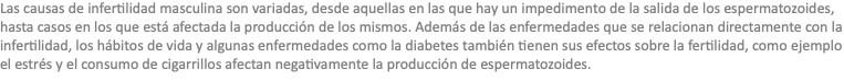 Las causas de infertilidad masculina son variadas, desde aquellas en las que hay un impedimento de la salida de los espermatozoides, hasta casos en los que está afectada la producción de los mismos. Además de las enfermedades que se relacionan directamente con la infertilidad, los hábitos de vida y algunas enfermedades como la diabetes también tienen sus efectos sobre la fertilidad, como ejemplo el estrés y el consumo de cigarrillos afectan negativamente la producción de espermatozoides.